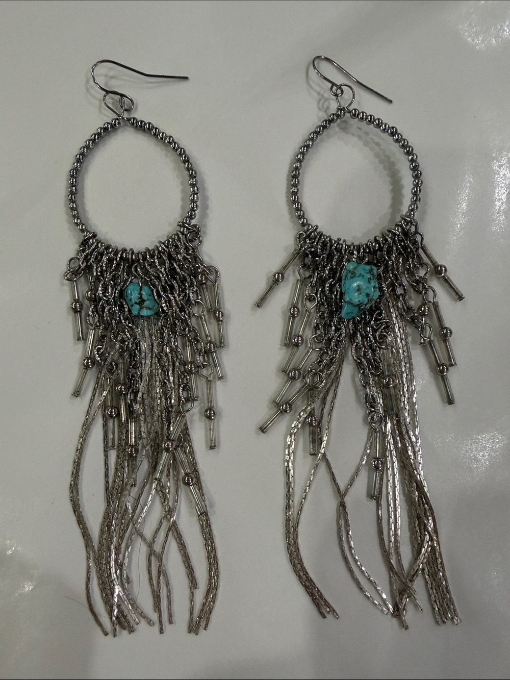 Silver Fringe Hoop Earrings with Turquoise Accent - Women Jewelry